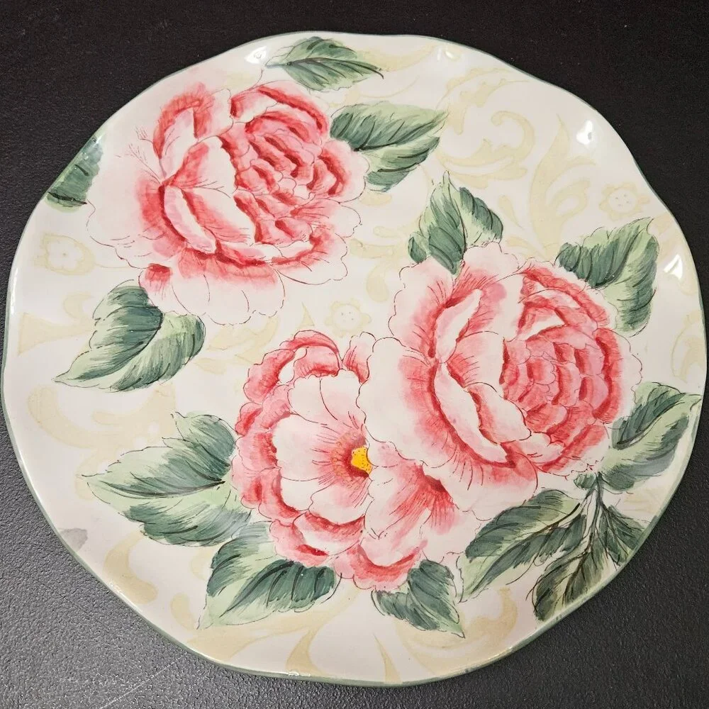 MAXCERA “Big Pink Peony” Hand Painted 10-1/2” Dinner Plate